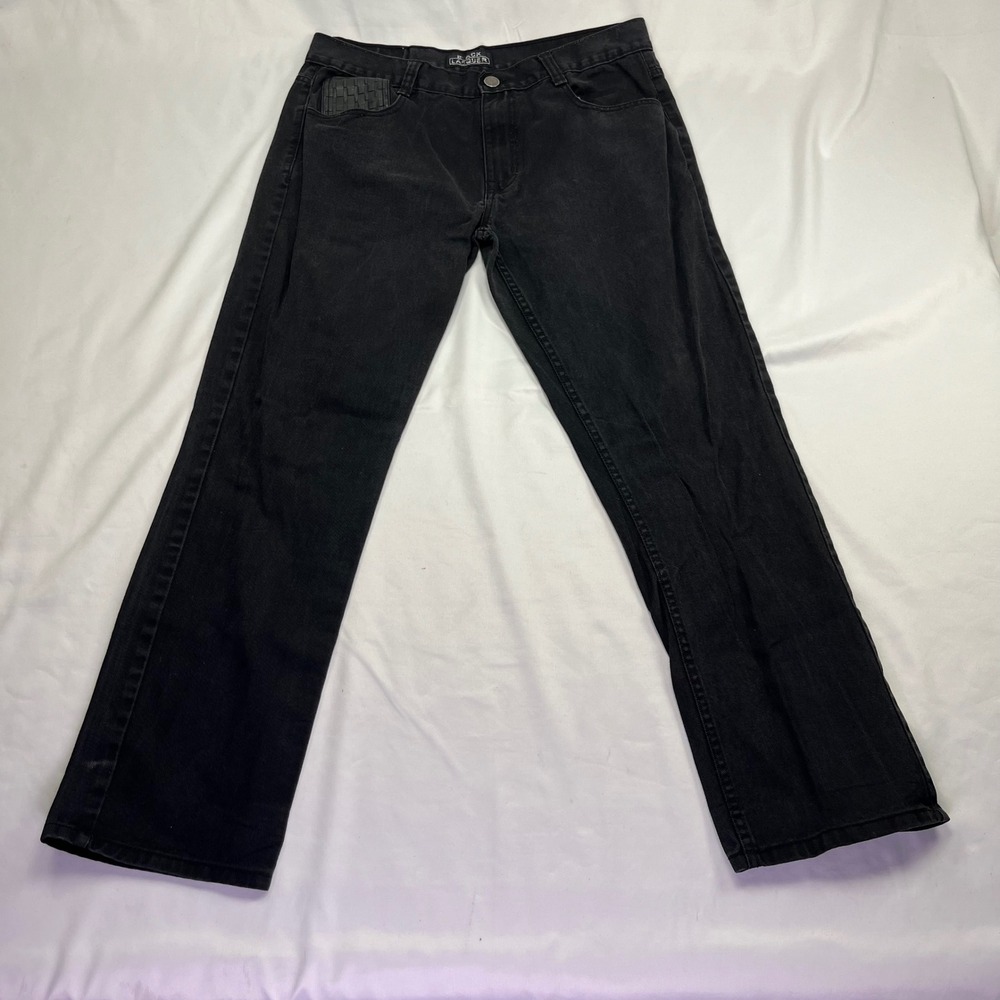 Black Lacquer Jeans Black Woven Faux Leather Pocket Straight Leg 34x31